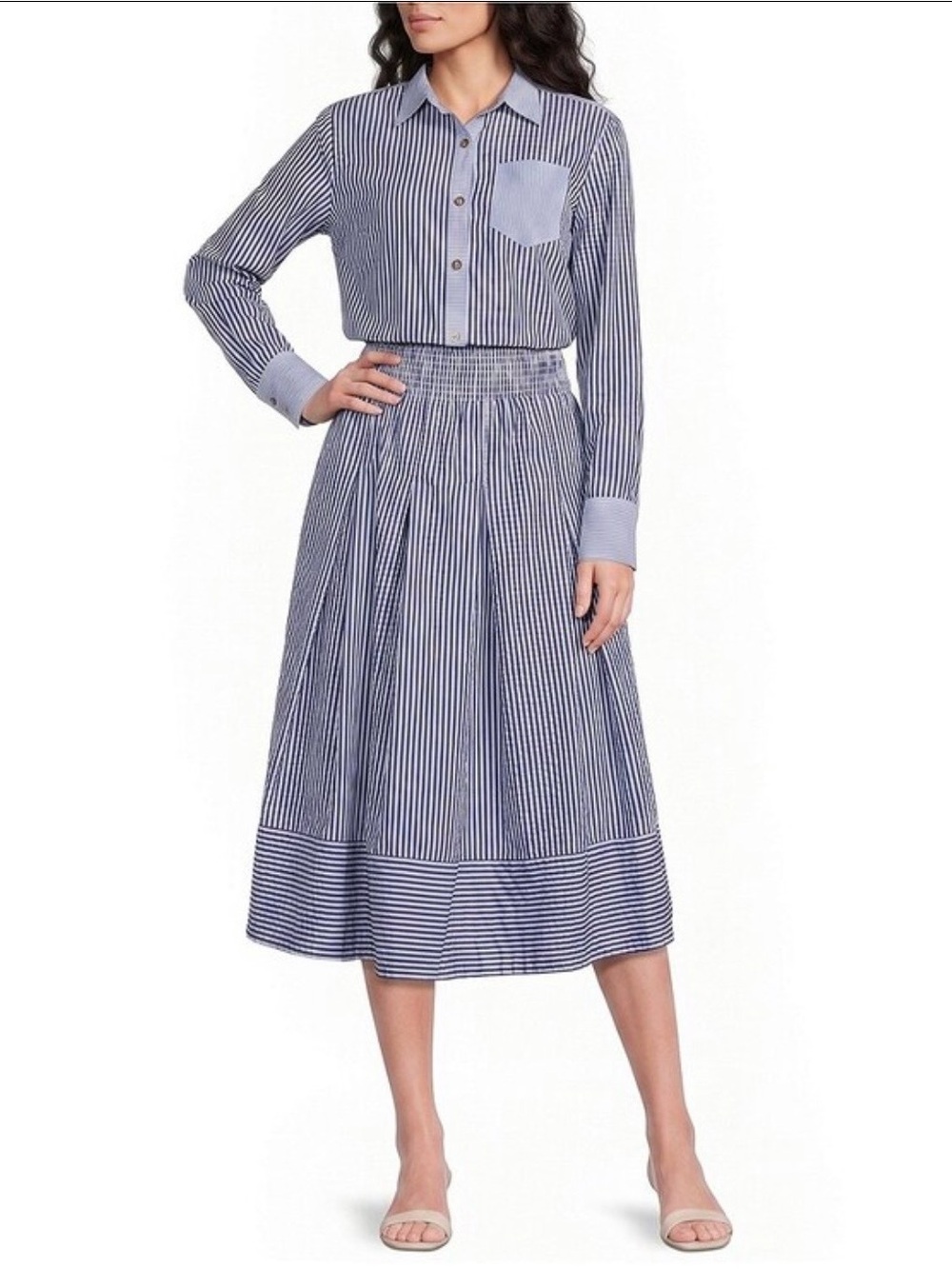 Buru Striped Button Down and Smocked Midi Skirt Set - Size Small